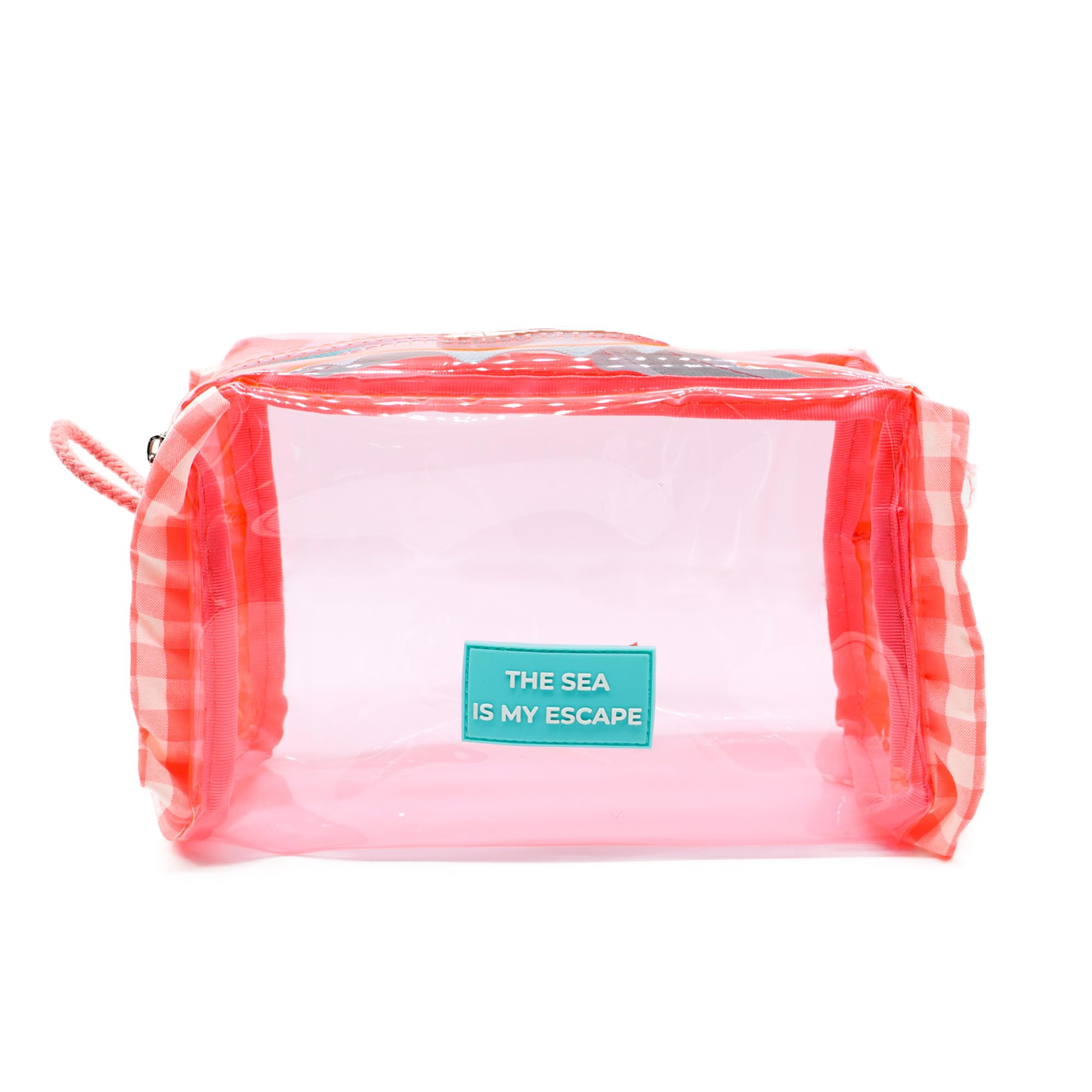Ponette Neceser de Mujer Grande Plastificado Transparente Coral con Remate de Tejido de Vichy Coral y Asa Tipo Cordón, Ideal Playa, Piscina, Viaje, Impermeable, Marca Española