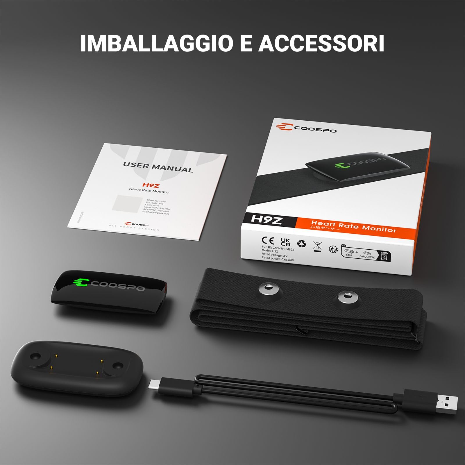 COOSPO Fascia Cardio H9Z Ricaricabile, Bluetooth 5.0/ANT+ Cardiofrequenzimetro HRM Fitness Tracker Impermeabile IP67, Compatibile con Wahoo, Zwift, Strava, Elite HRV