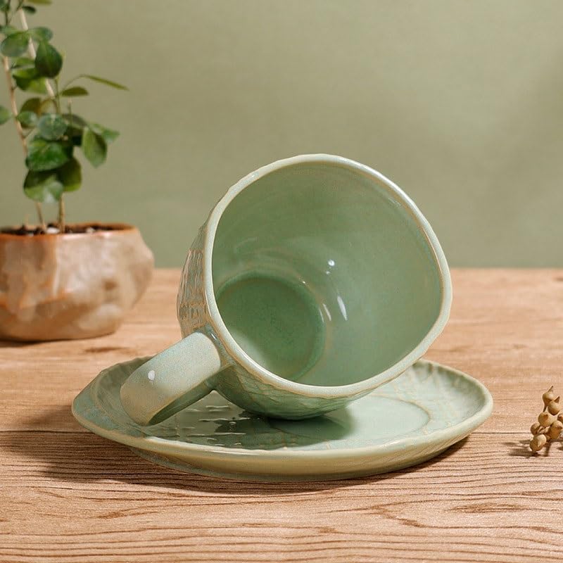 Porcelanowy kubek do kawy ze spodkiem, Tłoczony ceramiczny zestaw filiżanek do kawy i spodków Podwieczorek restauracja Zielony 15,4 x 7, cm