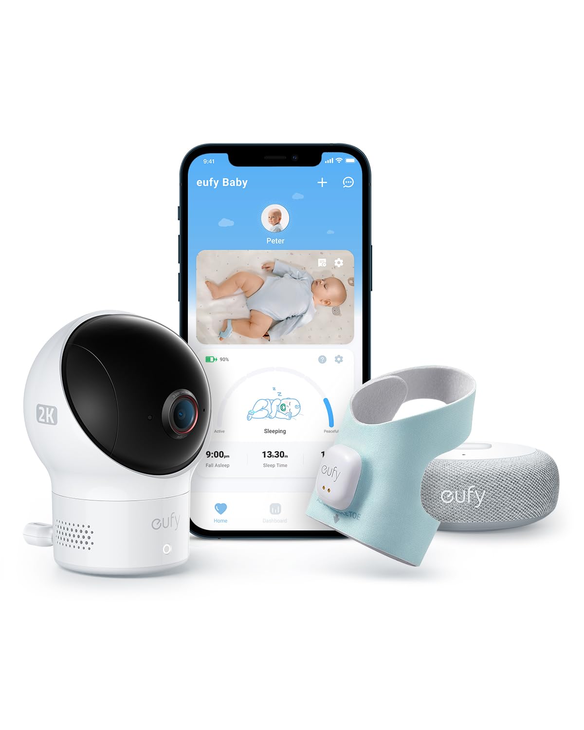 eufy Baby S340 Smart Sock Babyphone, 2,4 GHz WLAN, Überwachung von Schlafmustern, Nickerchen, Puls & Blutsauerstoff, 2K-Kamera, KI-Weinerkennung, Schwenk- & Neigefunktion, Ohne Monatliche Gebühren