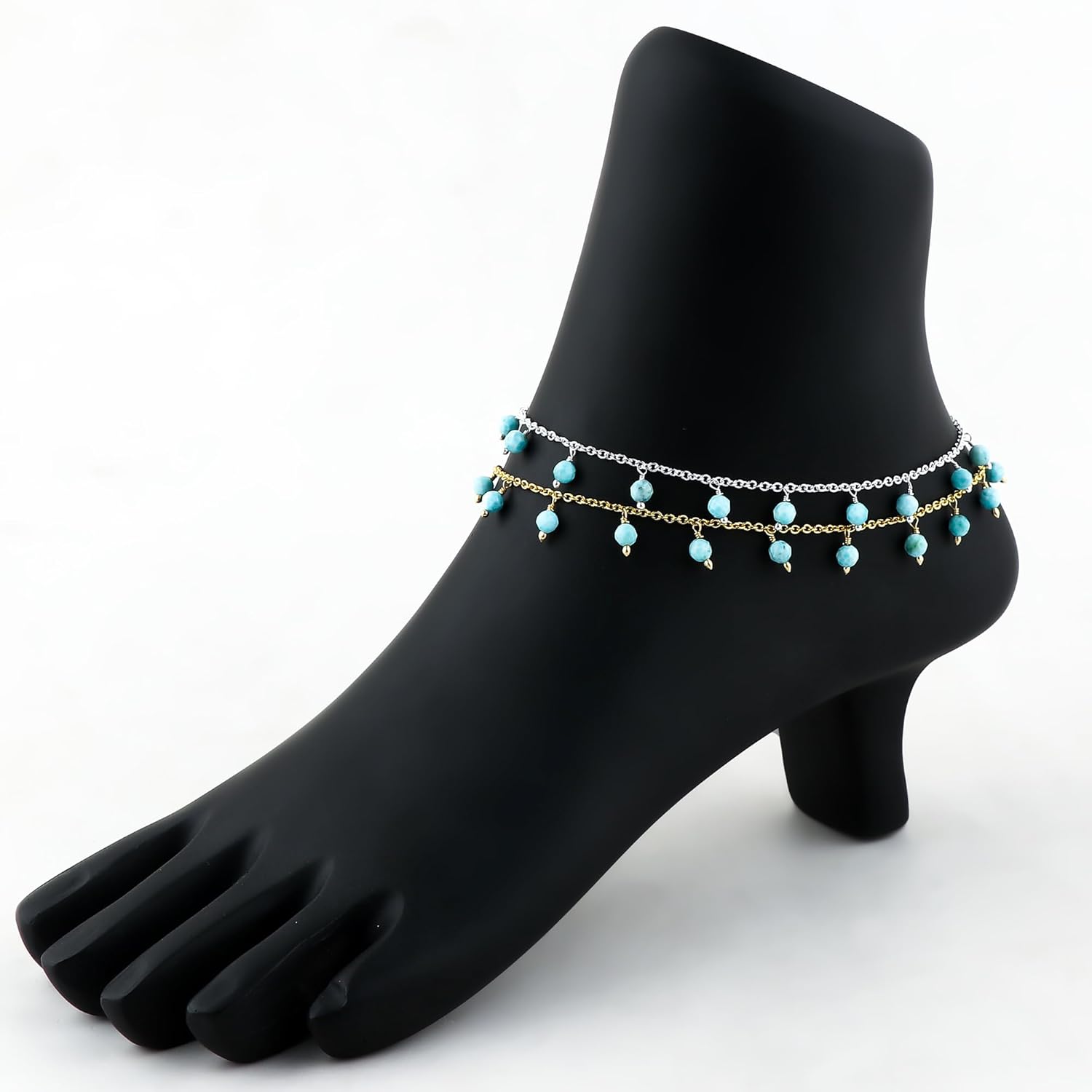 JOR Natural Larimar Beaded Rosary Anklet, Handmade Craft, Anklet Beads Bracelet, Chakra Healing, Gemstone Women Jewelry, Dainty Gold and Silver Plated Combo Anklet 9 inch + 1.5 inch (2pcs) - Image 6