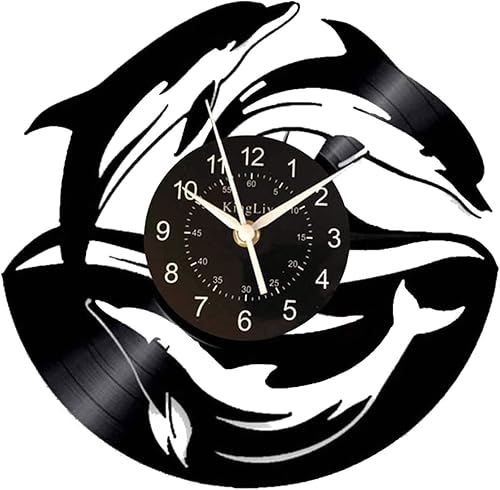 KingLive Dolphin Fish - Reloj de pared de disco de vinilo de 12 pulgadas (11.8 in), color negro, moderno, decorativo, hogar, oficina, niños,