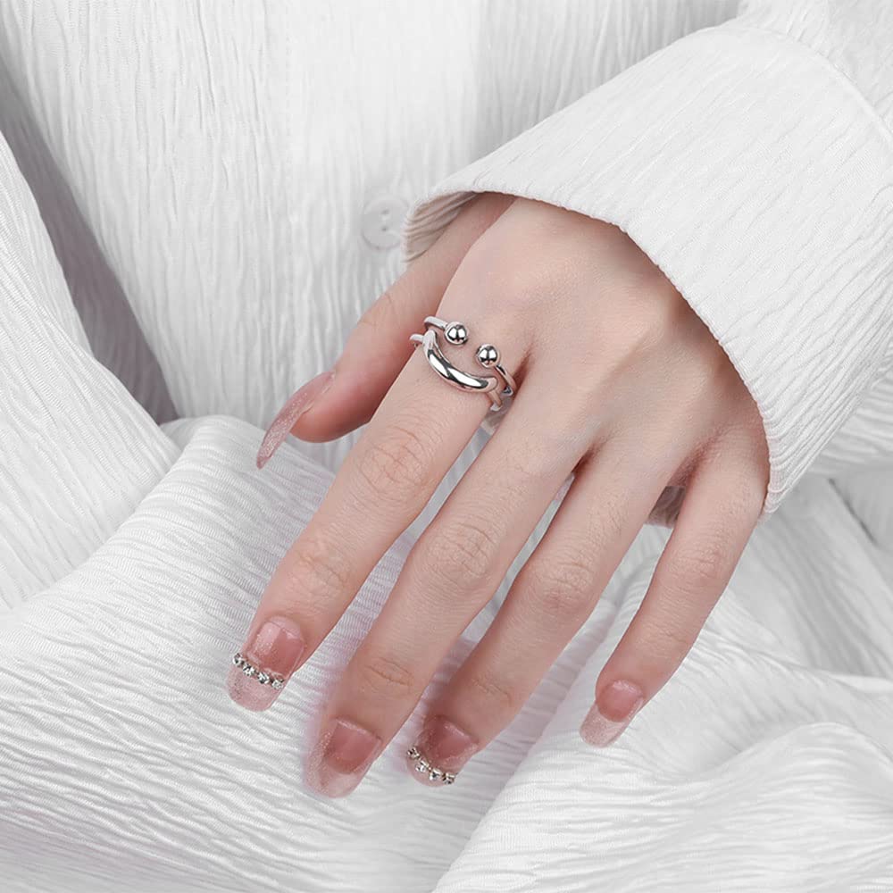 925 Sterling Silber Doppelter geometrischer Öffnungsring, Kreativer Ausdruck Smiley Ring, Einfacher Schmuck Geschenke für Männer und Frauen