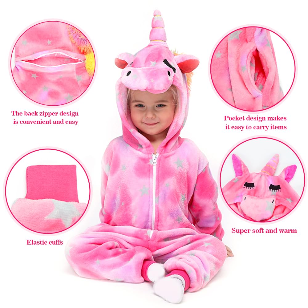 Enfants Licorne Onesie Pyjama Combinaison Unisexe Costume Cosplay Pyjamas Surpyjama l'hiver pour Halloween Carnival Déguisement Cadeaux pour Les Enfants,4-12 Ans Fille