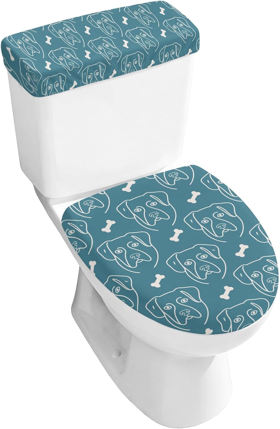 Dog Head Toilet Lid Cover and Toilet Tank Cover, Bone Funny Artwork Teal Color Stretch Toilets Covers Set with Elastic Bottom, Washable Universal Toilets Seat Covers for Bathroom