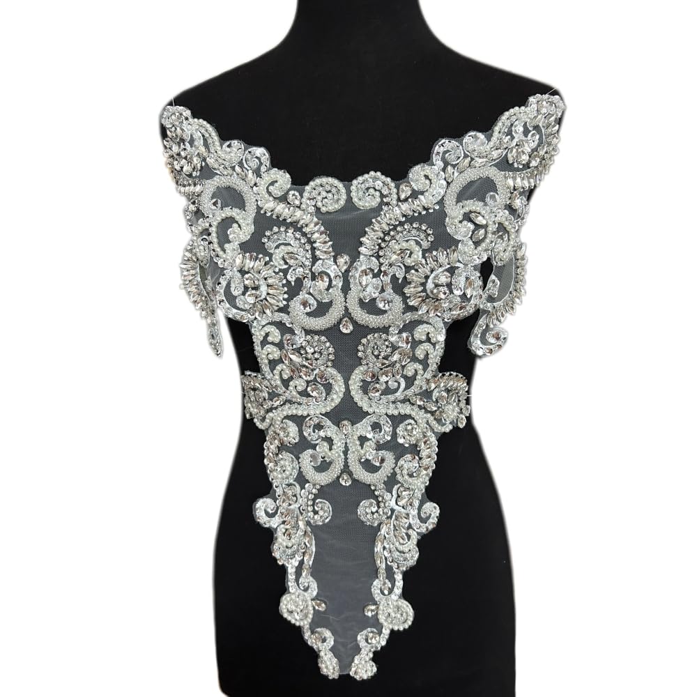 Succi Shan Large Crystal Rhinestone Bodice Applique Full Body,Glass Beaded Patches for Birthday Prom Dress Clothes Accessories (Silver)