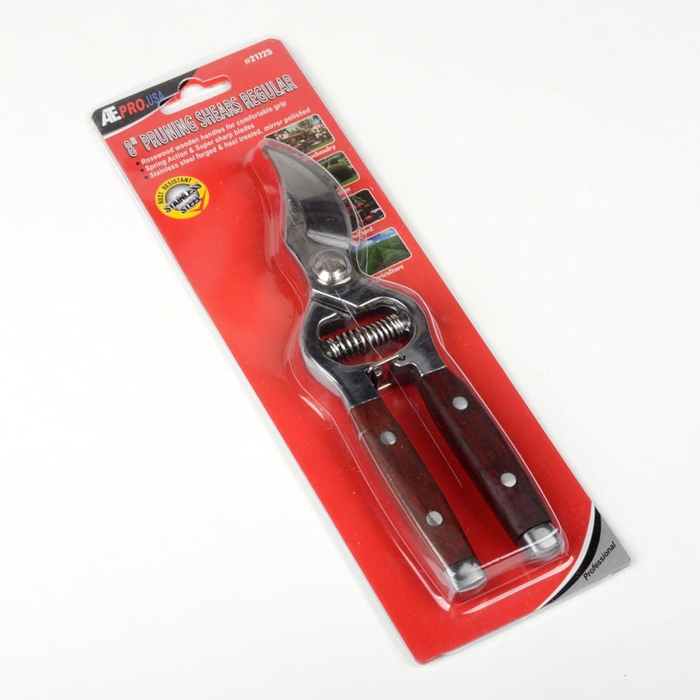 ATE Pro. Tools USA - Garden Hand Pruning Scissor Set - 8" Bypass Pruning Shears, 8" Grape Pruning Shears, Wooden Handle, Stainless Steel, Heavy Duty Garden Scissors, Fruit & Rose Trimmers - 2 Pack
