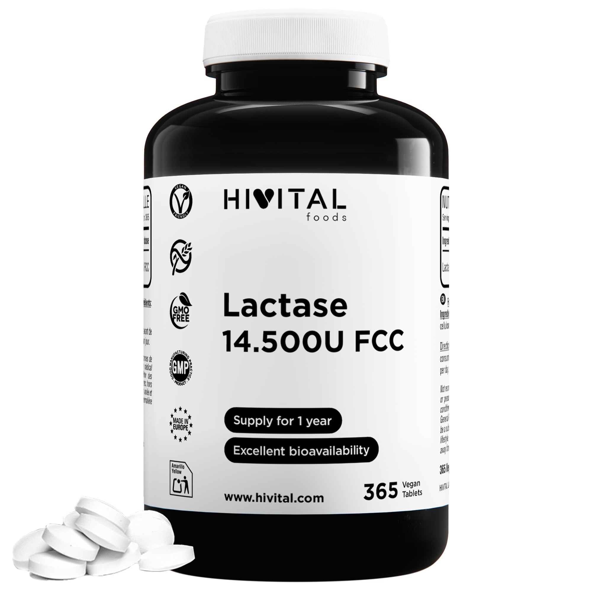 Lactasa 14500 unidades FCC. 365 comprimidos veganos para todo 1 año de tratamiento. Enzima Lactasa para la intolerancia a la Lactosa, Leche y derivados lácteos. Fabricado en España por HIVITAL