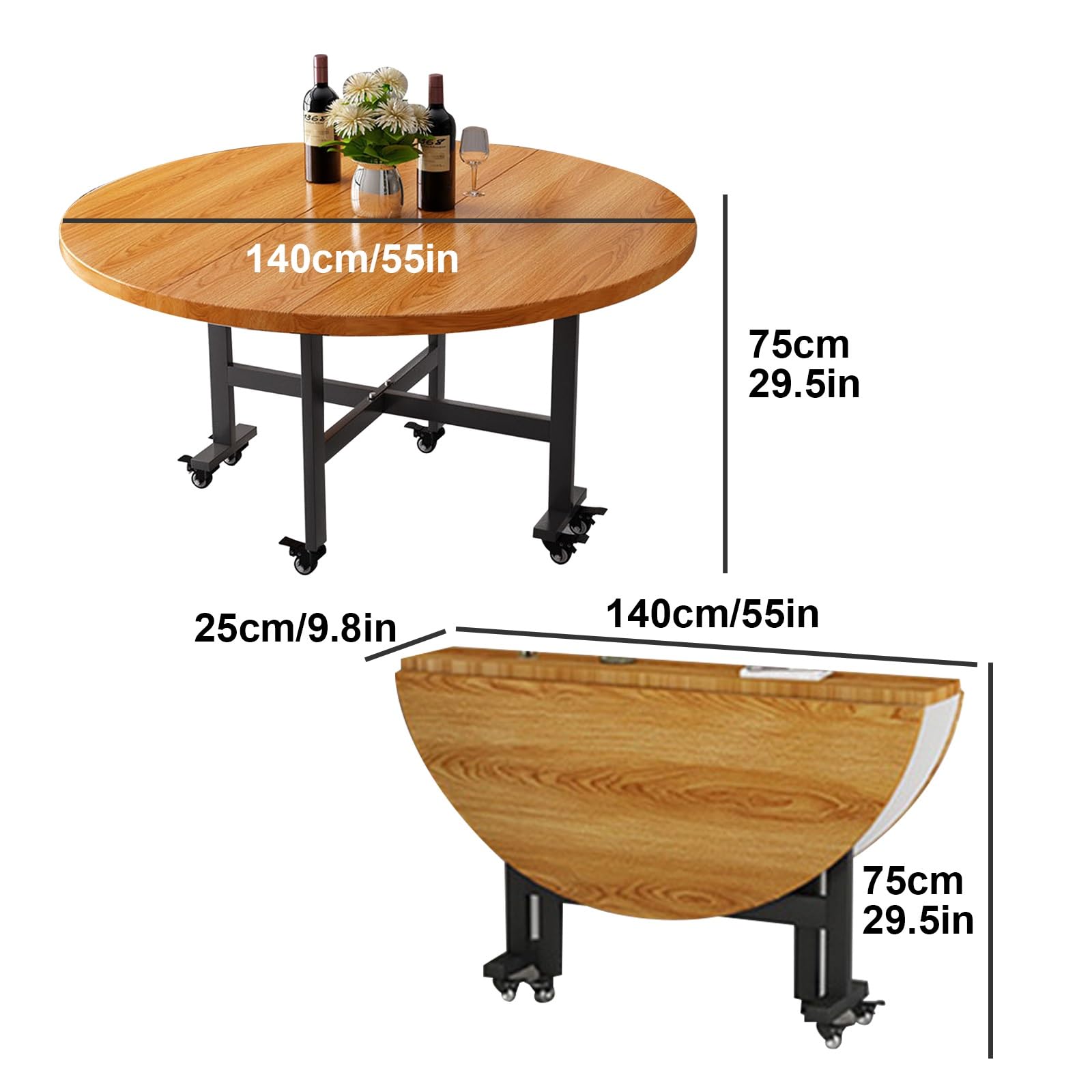 Faltbarer runder Esstisch mit Rollen, platzsparender 140 cm Tisch für Zuhause und Partys, einfache Montage, braune Oberfläche, modernes Design und bequeme Mobilität