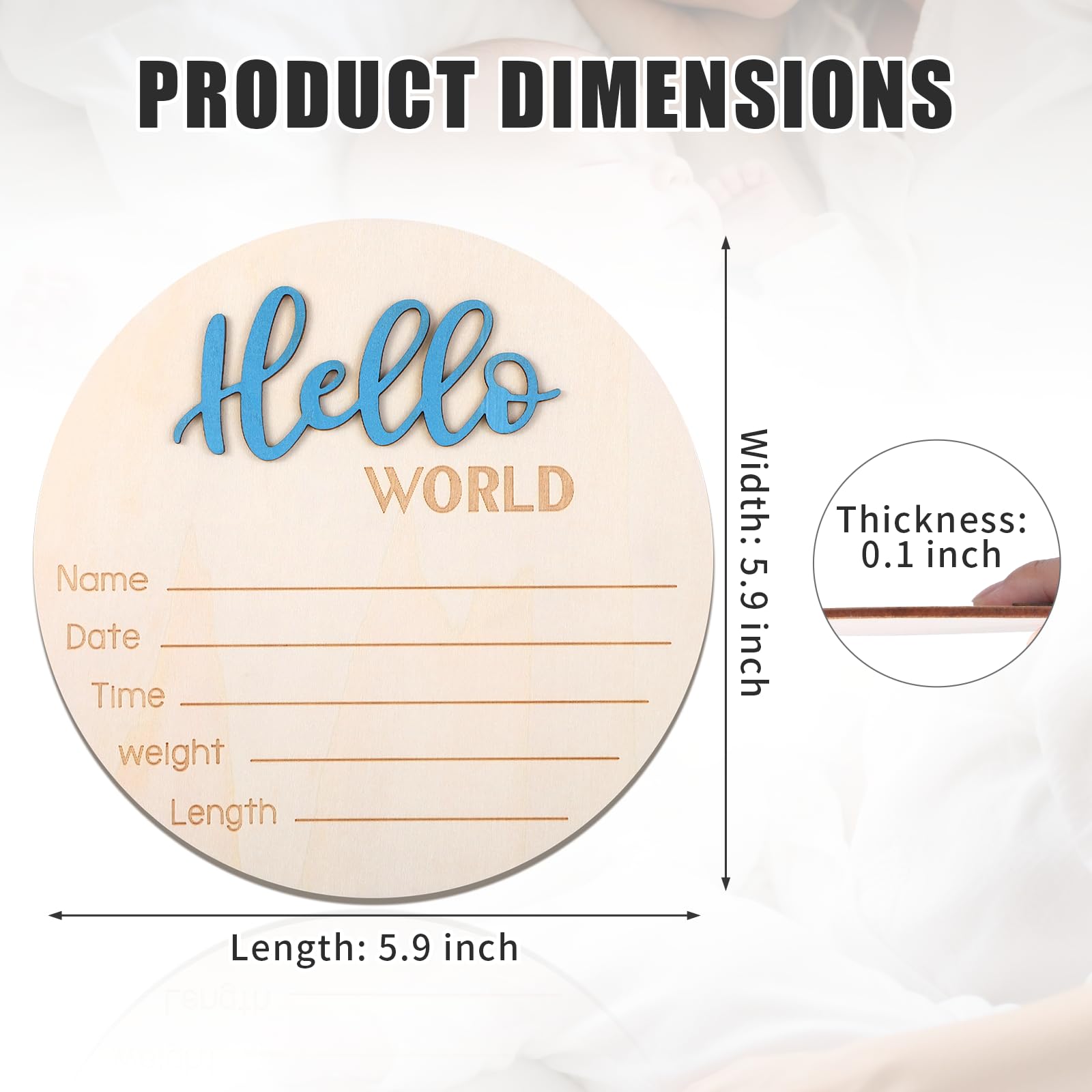 Wooden Baby Announcement Sign, 5.9 Inch Hello World Newborn Sign, Hospital Birth Stat Plaque, Hospitals, Homes, Nurseries, Suitable for Newborn Boys and Girls, Birth Souvenir (Blue)