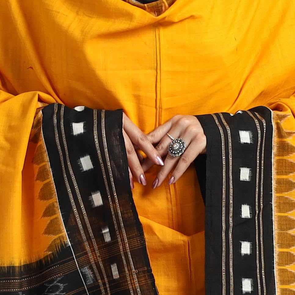 Image of Cotton Dupatta with weaving and Ikat woven border from the Weavers Stole for Girls & Women