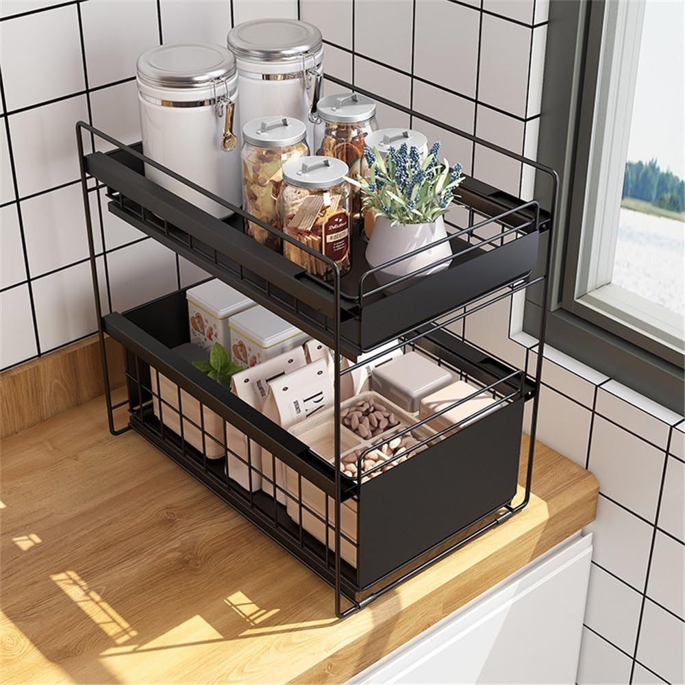 Teleskopowy organizer do szafek 2-poziomowy organizer pod zlewozmywak Organizery i schowki pod zlewozmywak do kuchni i łazienki Bez wiercenia(Black,22.3x40.5x39.5cm)