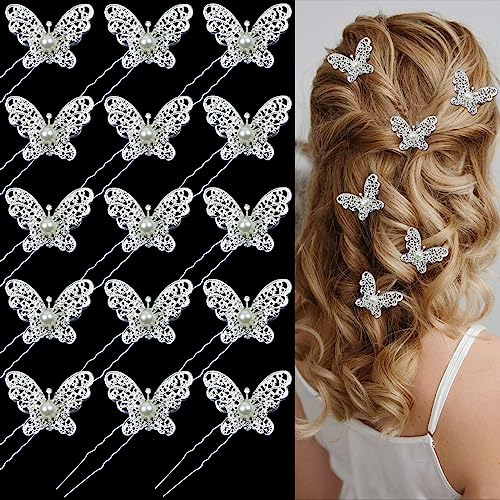 Boyivi 15 Pieces Butterfly Hair Pin Butterfly Hair Clips Alloy Rhinestone Crystal Pearl Hair Clips Bridal Wedding Hair Pins Bride Bridesmaid Headwear Hair Accessories For Women Girls cover