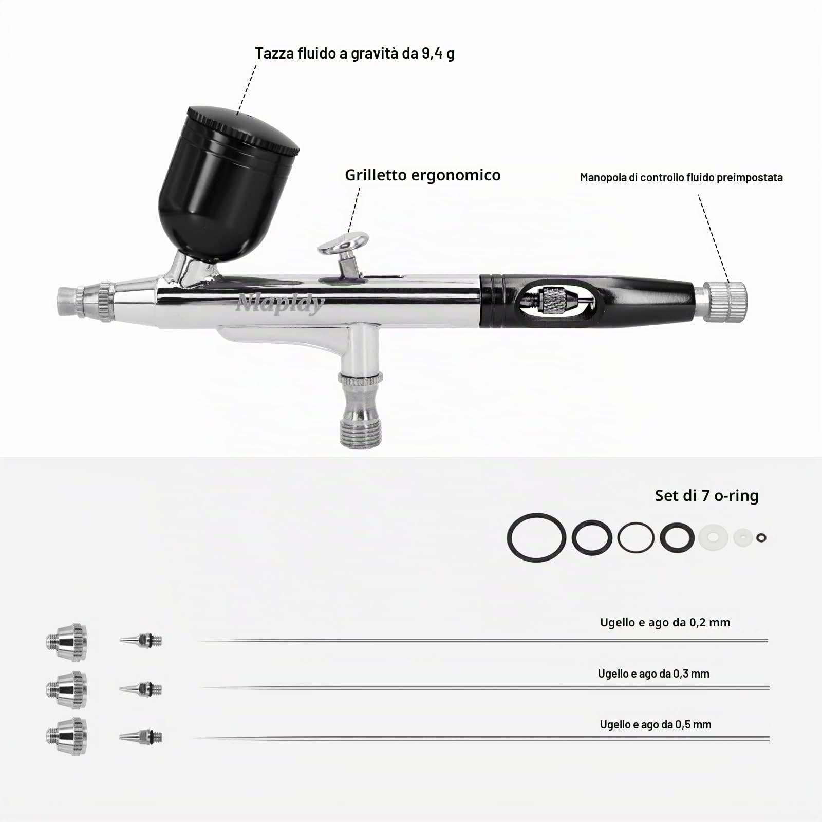 Kit Aerografo a Doppia Azione – Pistola Airbrush con Ugelli da 0,2mm/0,3mm/0,5mm, Tazze da 10cc/20cc/40cc, Tubo Aria e Set di Pulizia – Perfetto per Pittura, Nail Art e Tatuaggi