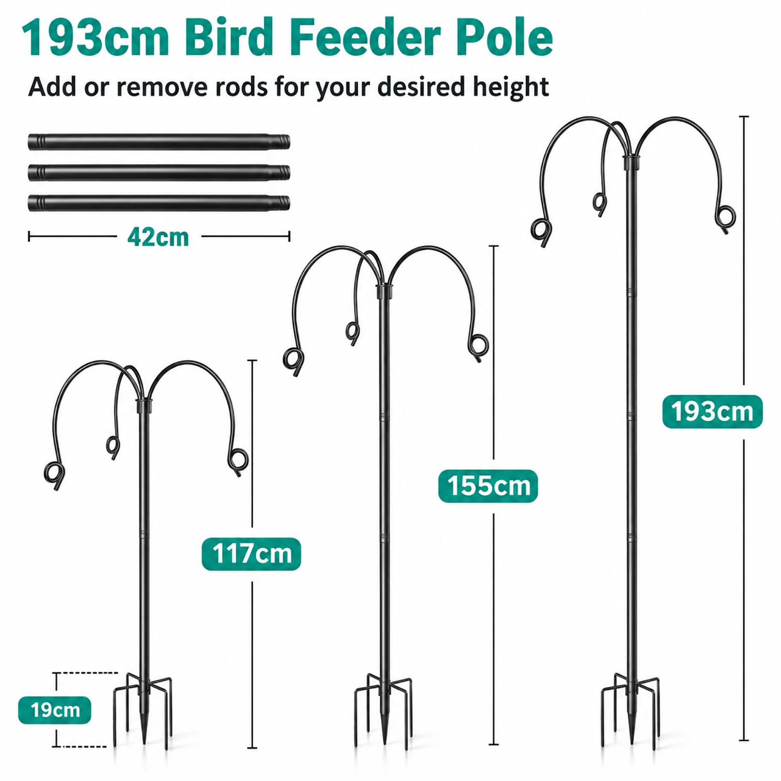 Vogelfutterspender zum Aufhängen, 193 cm, freistehend, Metall, Wildvogel-Futterstation, robuste Schäferhunde, Ganoven Haken für Gartenlichter, Laternen, Pflanzkorb