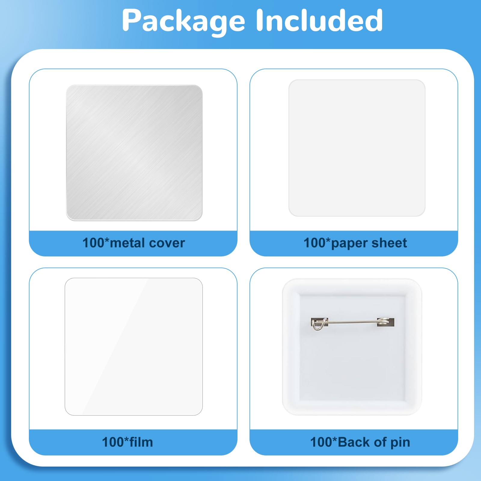 Juego de 100 piezas de botones cuadrados de 50 x 50 mm, kit completo de piezas de insignia de bricolaje con cubiertas de plástico, películas de PVC y cierres de metal para botones de fotos