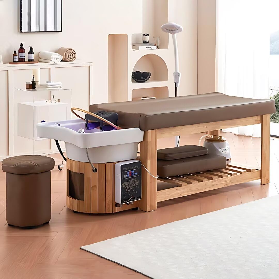 HHEvergreenEnsemble Massage Shampoo Bed - Massage Table with Brown Solid Wood Style,Head Spa Equipment and Facial Bed Includes Water Cycle & Open