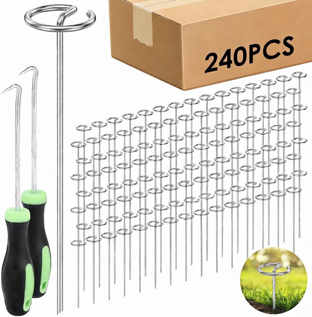 240 Pcs Landscape Fabric Staples 6 Inch, 8 Gauge Circle Top Landscape Fabric Pins, Galvanized Weed Barrier Garden Stakes for Plant Support - Not Easy Bend, More Holding Power Than U-Shaped Stakes
