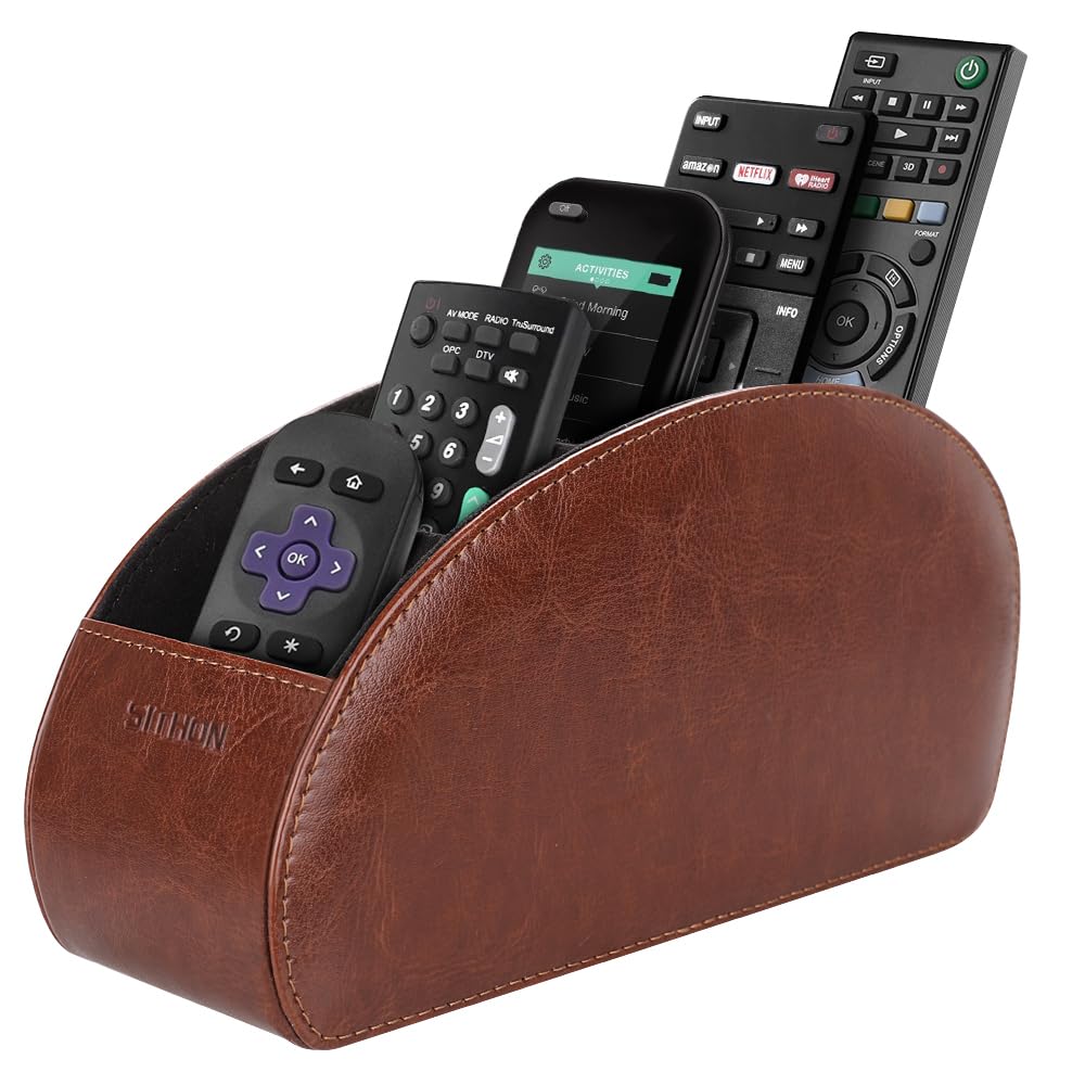 SITHON Remote Control Holder with 5 Compartments - PU Leather Remote Caddy Desktop Organizer Store TV, DVD, Blu-Ray, Media Player, Heater Controllers, Brown