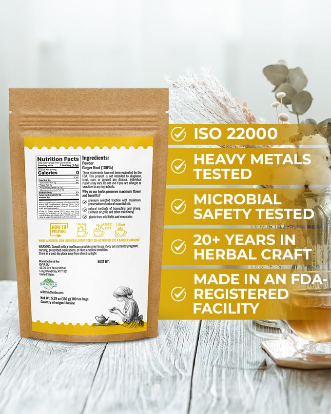Image of 100 Bags Ginger Tea Ginger Root Tea Dry Dried Herb (Zingiber Officinale) - 100 Count 1.5g Bags Raiz De Jengibre