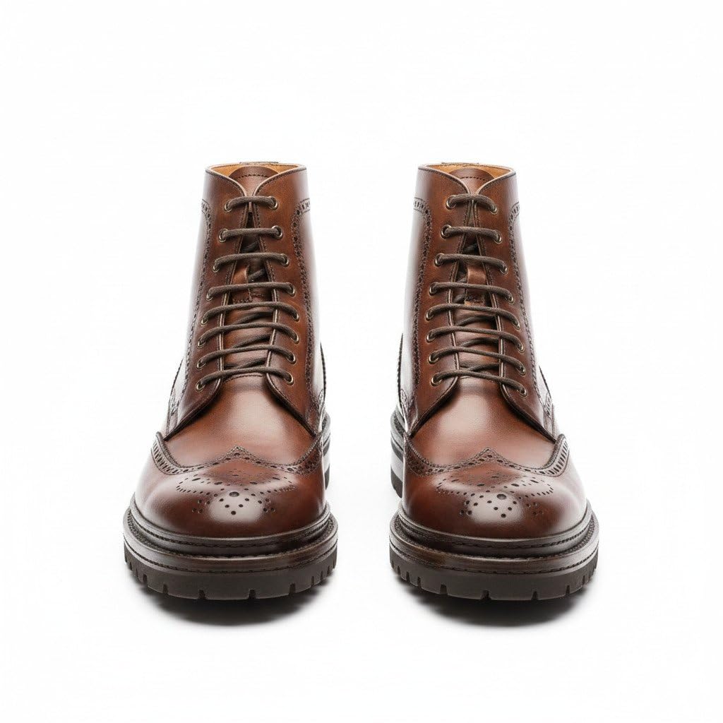 Men's Brown Leather Wingtip Combat Boots – Handmade Brogue Lace-Up Ankle Boots with Lug Sole, Premium Heritage Dress Boots for Casual & Formal Wear-image-22