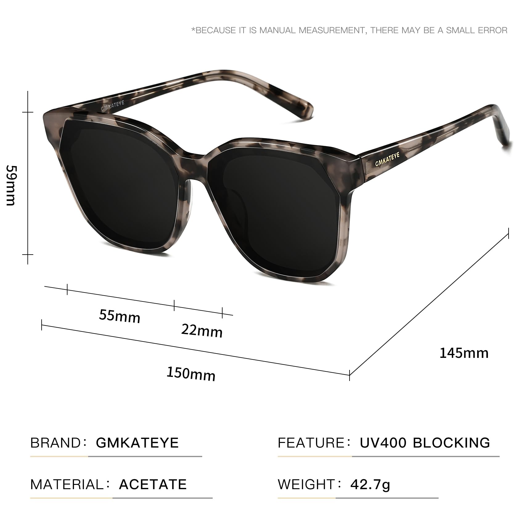 GMKATEYE Übergroße Sonnenbrille für Damen, große quadratische Sonnenbrille, UV-Schutz, großer Rahmen, trendige Farbtöne