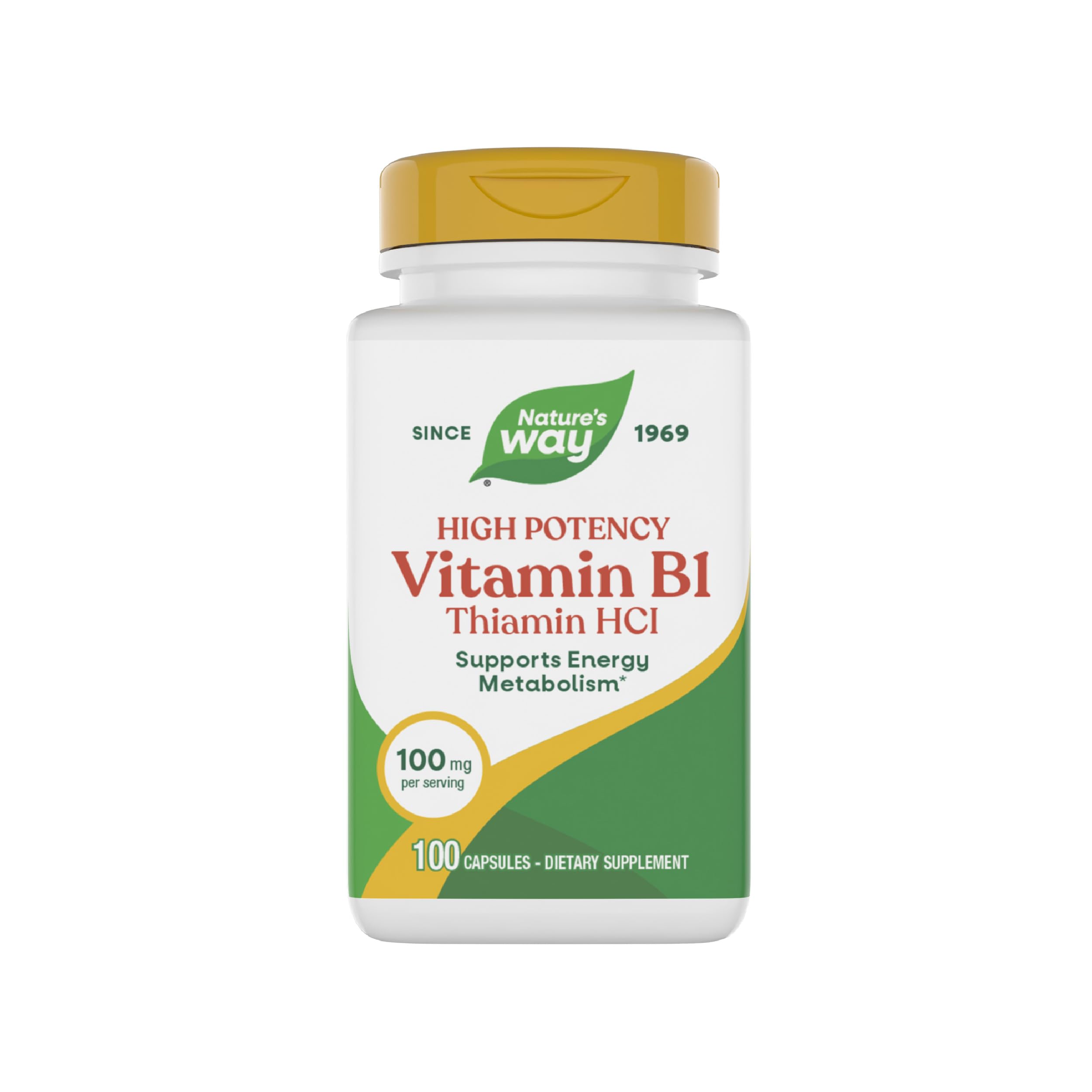 Nature's Way Vitamin B1, High Potency, 100 mg Thiamin per Serving, Thiamin HCl, Supports Energy Metabolism*, Gluten Free, 100 Capsules (Packaging May Vary)