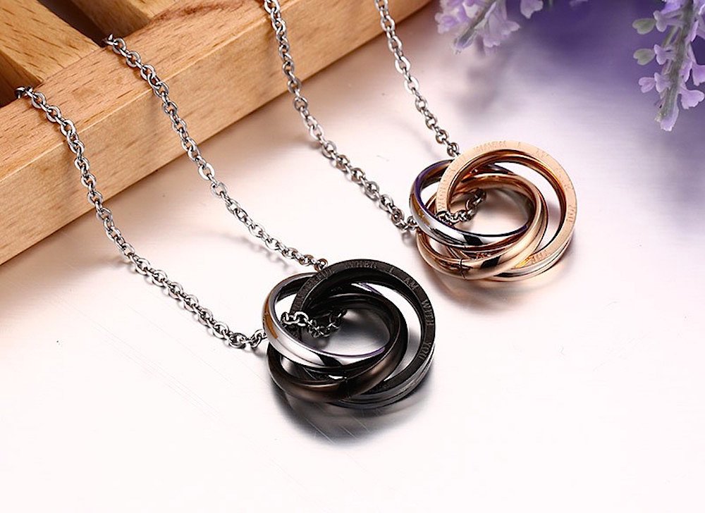 'Kim Johanson in acciaio inossidabile coppia di gioielli set bracciali e collane "True Love per gli amanti oro rosa & nero con Cubic Zirconia con sacchettino