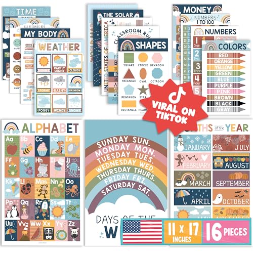 Hadley Designs 16 Educational Posters for Toddlers 1-3, Laminated Toddler Learning Posters for Preschool & Kindergarten, ABC Chart, Numbers, Colors, Shapes, Days of The Week, Boho Classroom Decor
