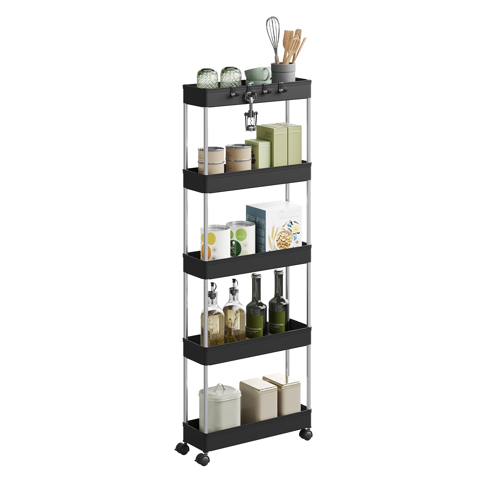 WOLTU Rollwagen 5 Ebenen, Küchenwagen schmal, Servierwagen mit 360° Rollen, Aufbewahrungswagen aus Kunststoff für Küche, Bad und Wohnzimmer, 41,5 x 112 x 13,5 cm, Schwarz