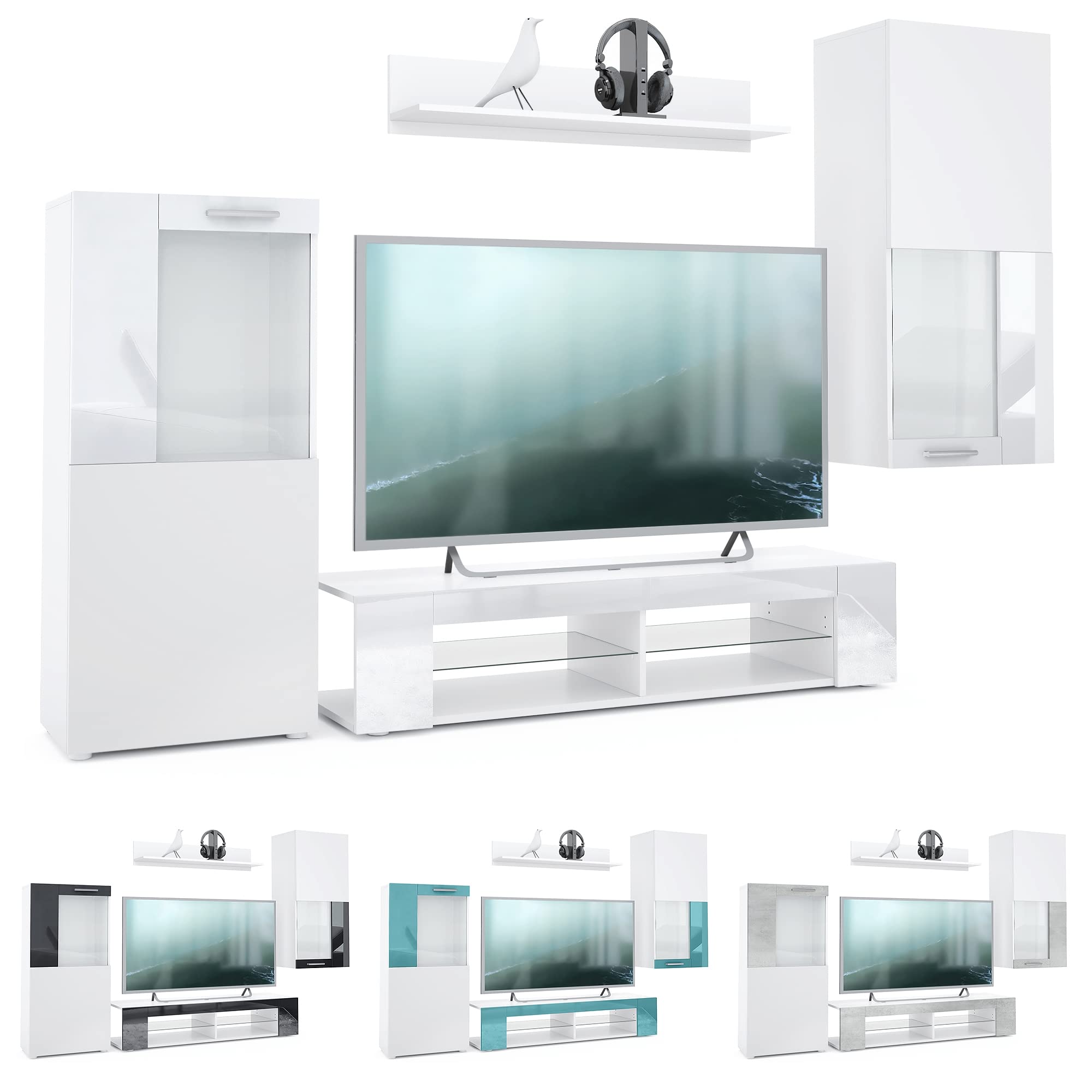 Vladon Wohnwand Movie, Anbauwand bestehend aus 1 TV-Board, 2 Vitrinen und 1 Regal, Weiß matt/Weiß matt/Avola-Anthrazit (Gesamt: 300 x 190 x 39 cm)