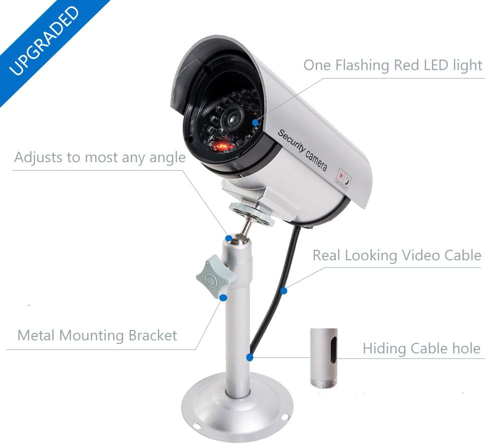 Top Brands WALI Bullet Dummy Fake Surveillance Security CCTV Dome Camera Indoor Outdoor with 1 LED Light, Security Alert Sticker Decals (TC-S4), 4 Packs, Silver