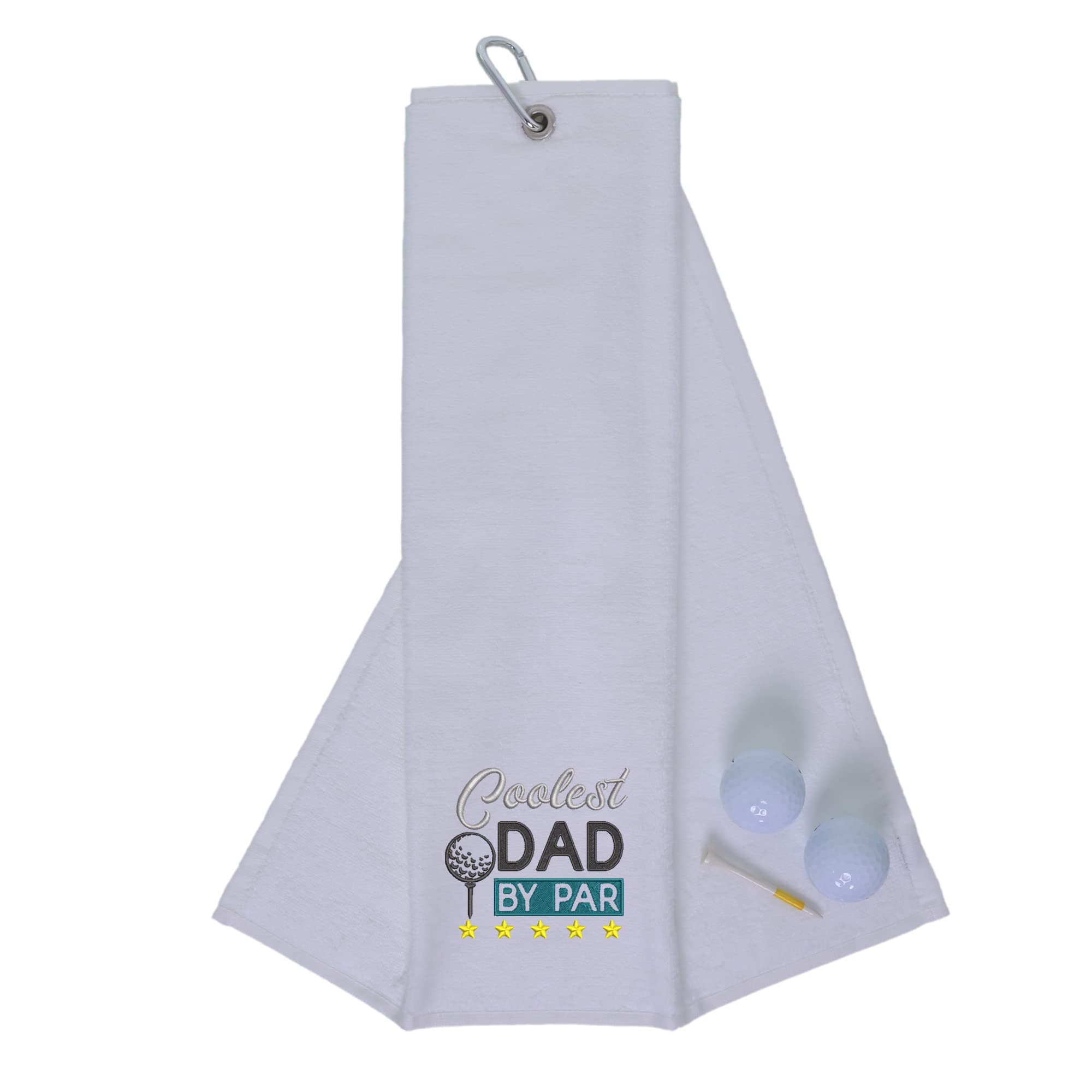 aztex Tri-Fold Golf Towel with Novelty 'Coolest Dad By Par' Embroidery, Metal Carabiner Clip, Cotton Velour, 590gsm, White