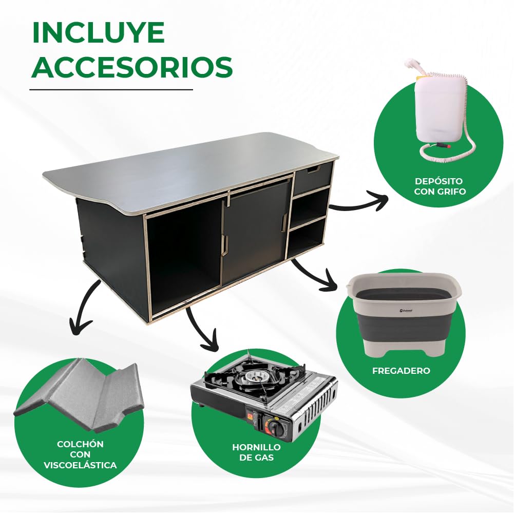 Mueble Kit Camper para Furgonetas VW T5, T6, T6,1 Multivan y California sin mueble lateral, con Accesorios y Colchón incluidos