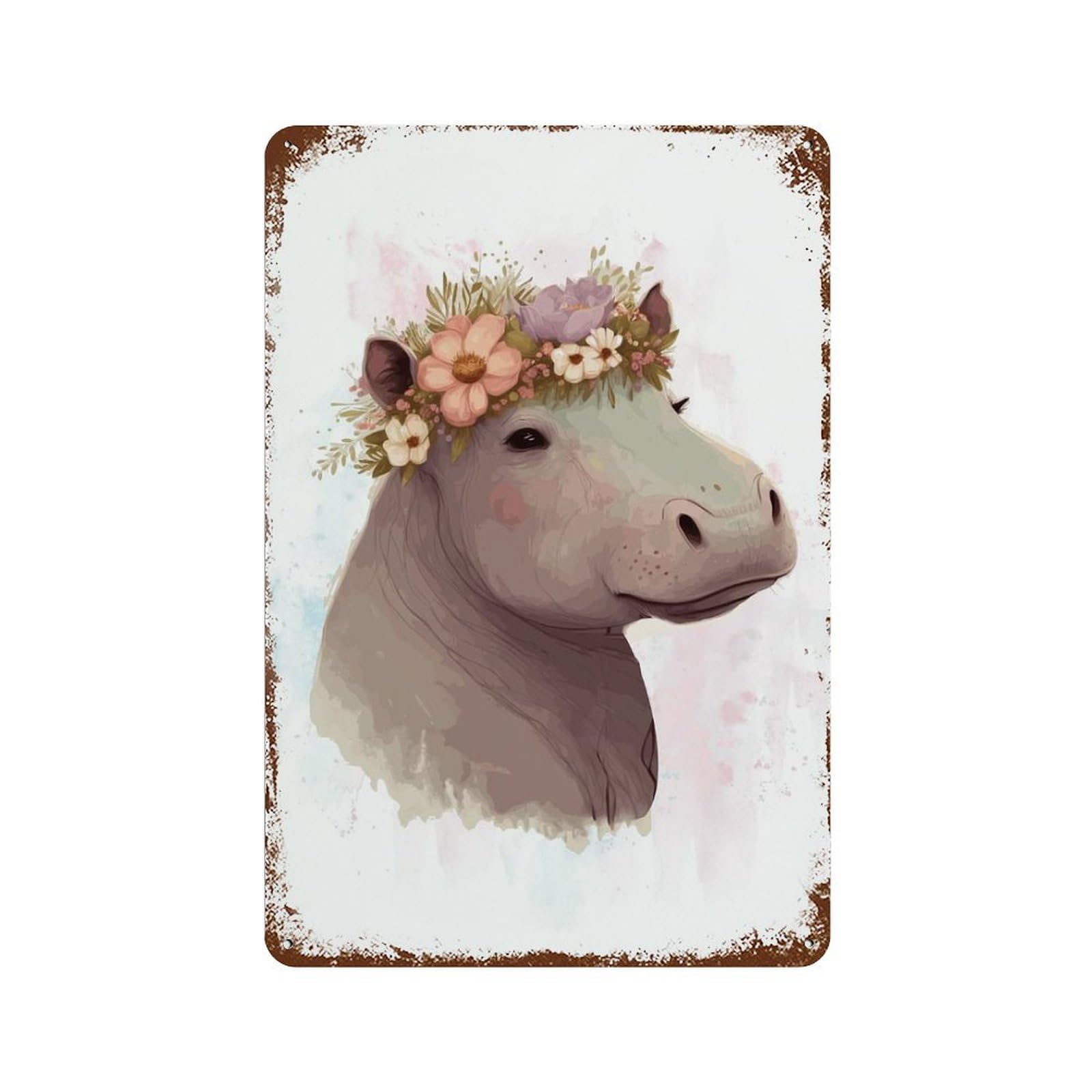 Rusty Metal Tin Sign with Watercolor Hippopotamus Design 11.8"x7.9", for Farmhouse, Kitchen And Entryway Decor, Classic Wall Plaque