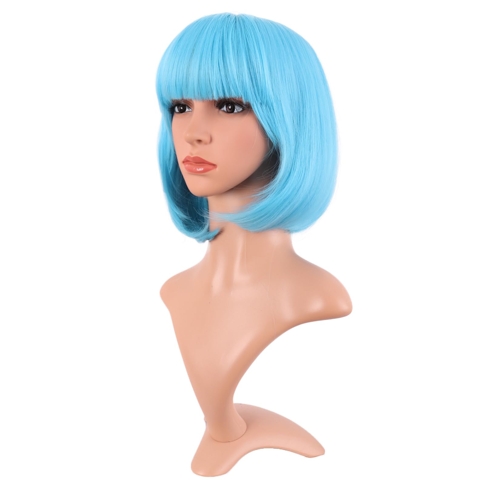 MapofBeauty 12 Inch /30 cm Fashion Lady Short Straight Synthetic Flat Bangs Bob Wig (Light Blue) - Image 3