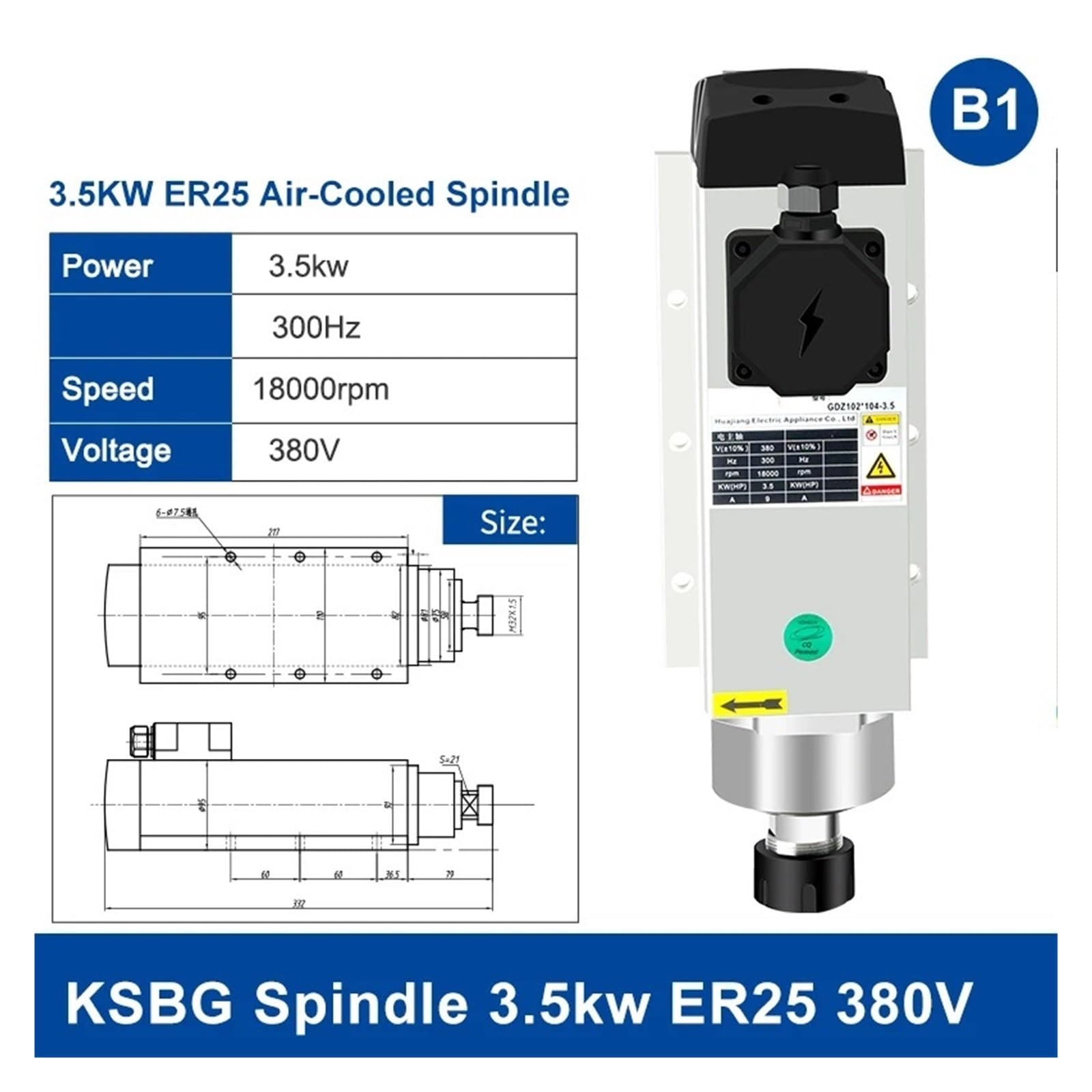 KACOME Spindle 2.2/3.5KW air-Cooled Square Spindle Motor 220V 380V 18000rpm 300Hz 4 Bearings for milling on CNC Machines(B1 3.5kw ER25 380V)