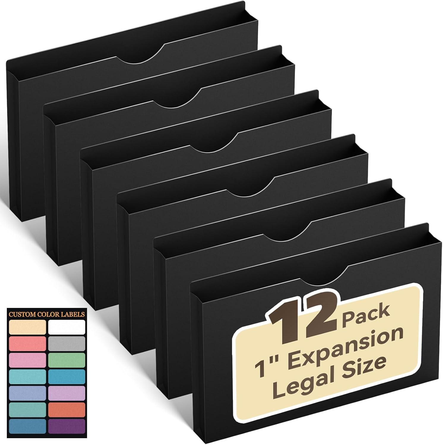 ANSOOK Legal Size Manila File Jackets & File Pockets,12 Pack Plastic Manila File Folders with Straight Cut Tab,Heavy Duty 1" Expandable Manilla Pocket Folders for File Cabniet,Job Folder