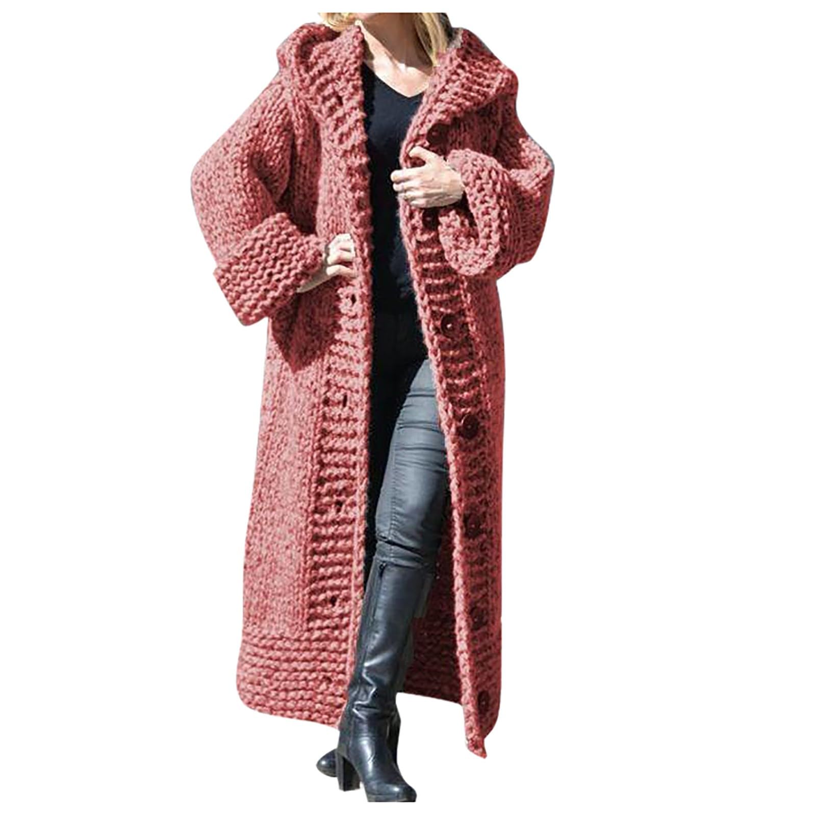 Femme Manteau Long Décontractée Plus Bouton Manches Tricot Chaud Coupe-Vent