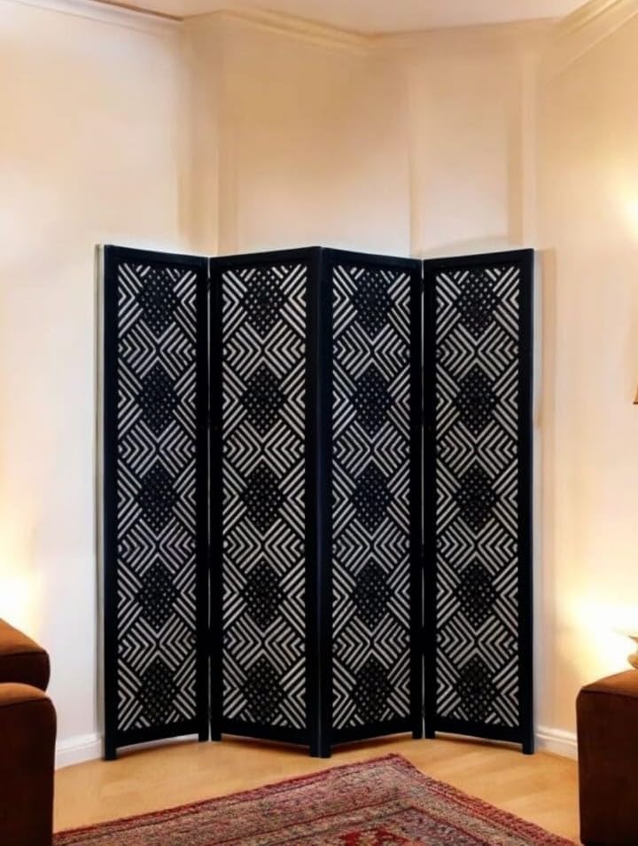 Image of Wooden Room Divider 6 Feet, 4-Panel Folding Wooden Partition for Living Room, Office, Pooja Room, Restaurant, Kitchen & Balcony (2W x 1.82H Meters). (Black-Lattice Pattern)