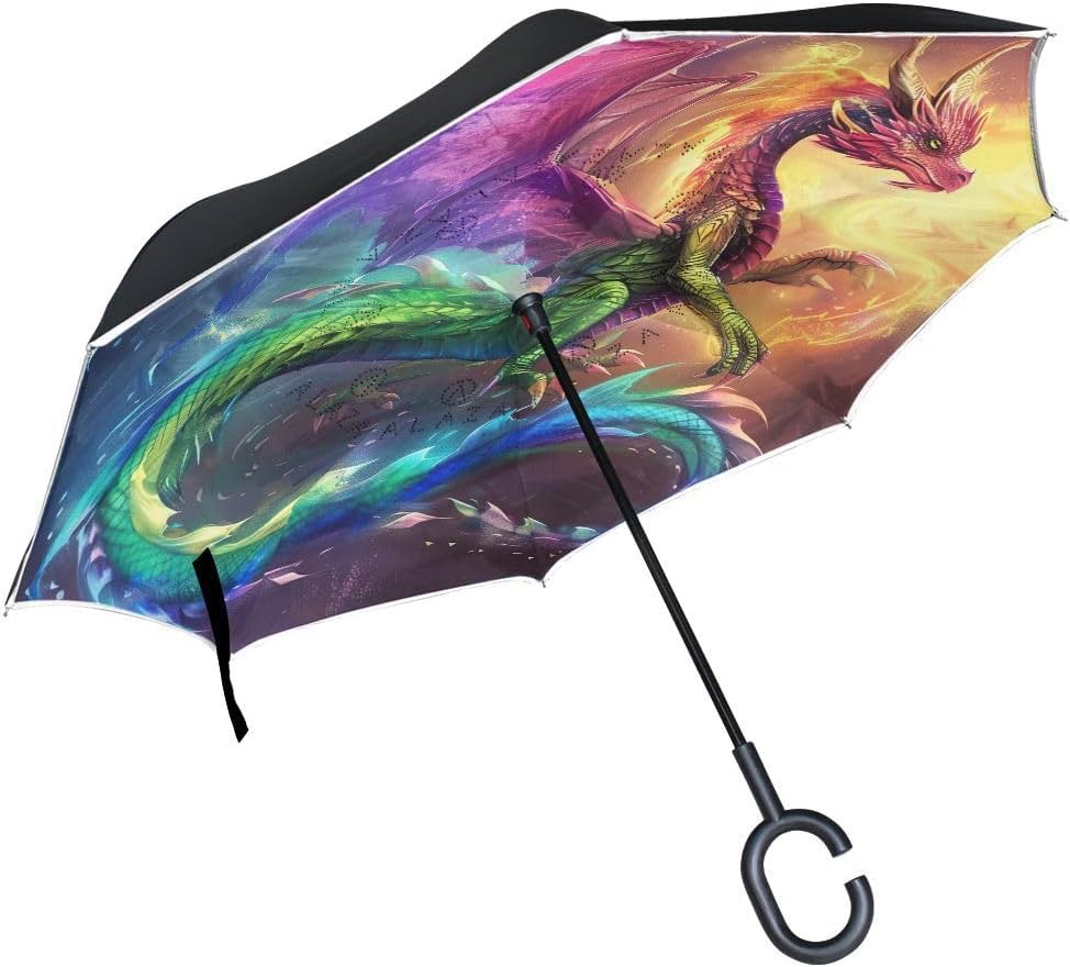 Color Rainbow Flame Dragon Inverted Reverse Umbrella with C-shaped Handle Windproof Upside Down Umbrellas for Rain Double Layer Hands Free Umbrella for Men Women 202b6009