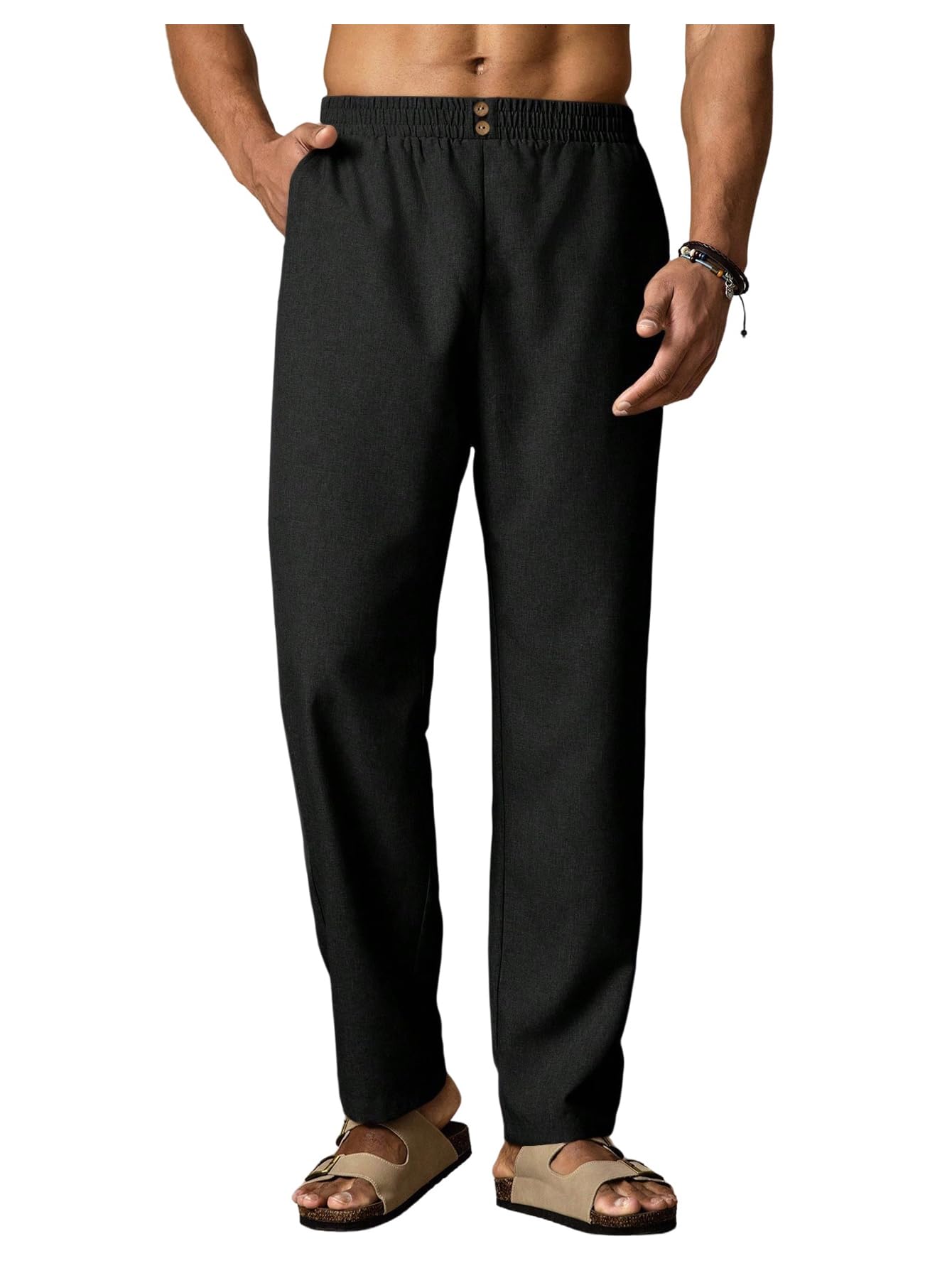 OYOANGLE Mens Elastic Waist Tapered Trousers Solid Business Casual Chino Pants with Pockets