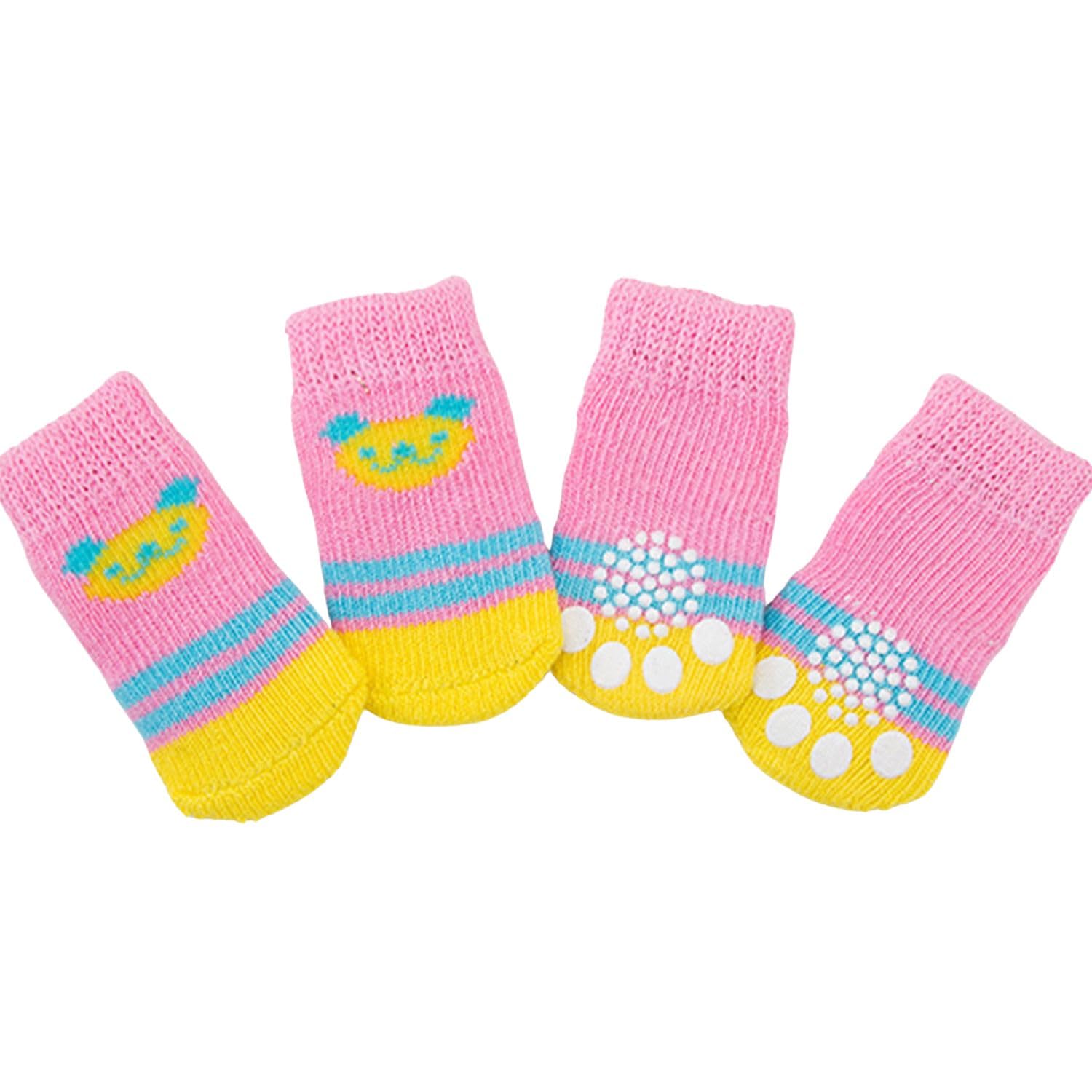 MeiAOBest 4PCS Pet Socks,Cute Knitting Anti-Slip Cat Dog Floor Socks Paw Protectors Cove for Indoor Outdoor Hot Pavement Hardwood Floor Protection_L(Pink Bear)