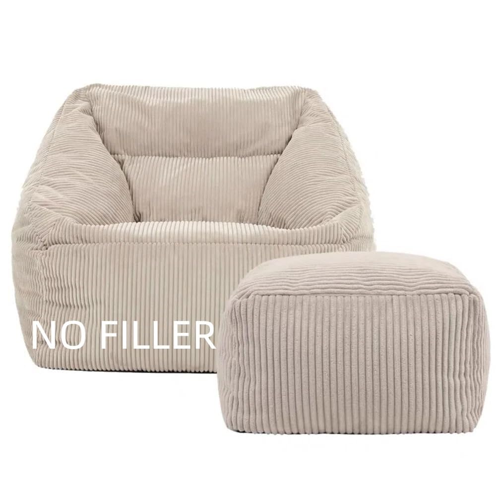 SXBCyan Sitzsack-Bezug Dicker Cord (Ohne Füllung), 1-sitziger Sitzsack-Stuhl, Weicher Pouf, Ottomane, Kinder-Erwachsene-Sitzsack-Stuhl, Fauler Sessel, Couch, Bodenbestuhlung(Beige White,2 in 1 Cover)