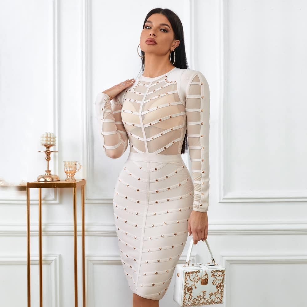 Long Sleeve Mesh Beaded Knee Length Rayon Bandage Dress