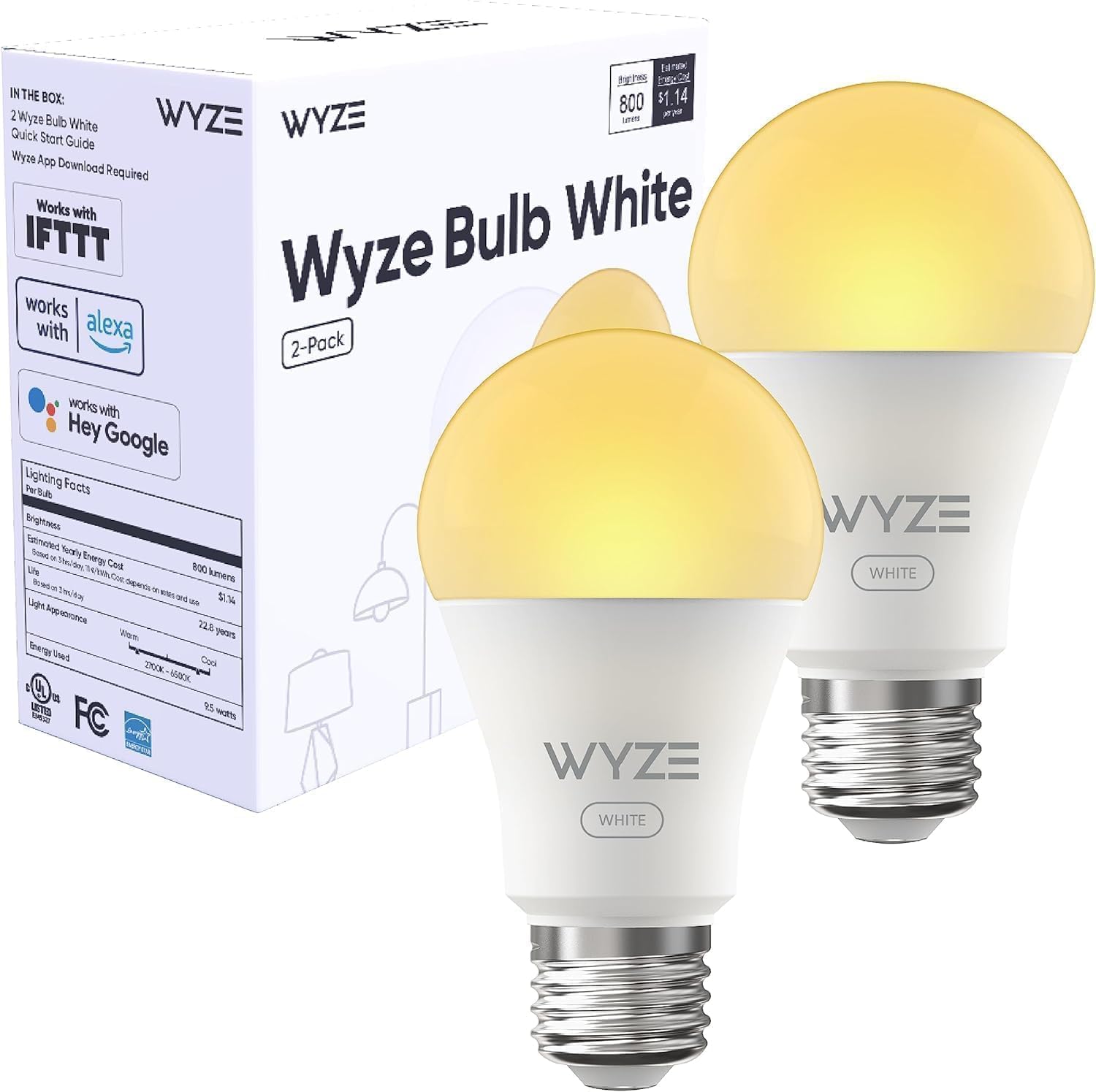 Wyze Lifestyle Bombilla blanca, 800LM A19 bombilla inteligente Wi-Fi sintonizable, compatible con Alexa y Google Assistant, 2.4GHz, no requiere
