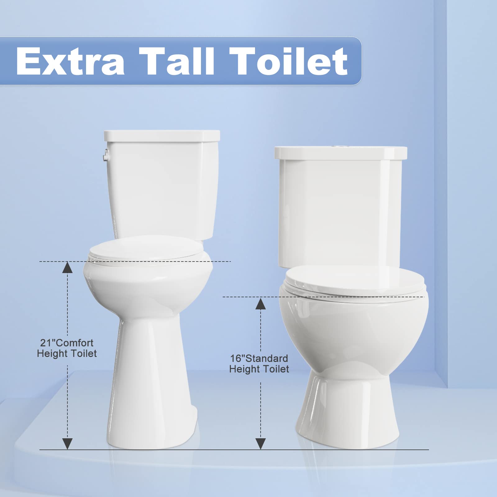 High Toilets For Seniors 21 Inch | 1.28gpf Single Flush Two-piece Extra Tall Toilets | Tall Toilet For Bathrooms Comfort Height Elongated, 12inch Rough-in Extra High Toilet For Tall People, Disabled