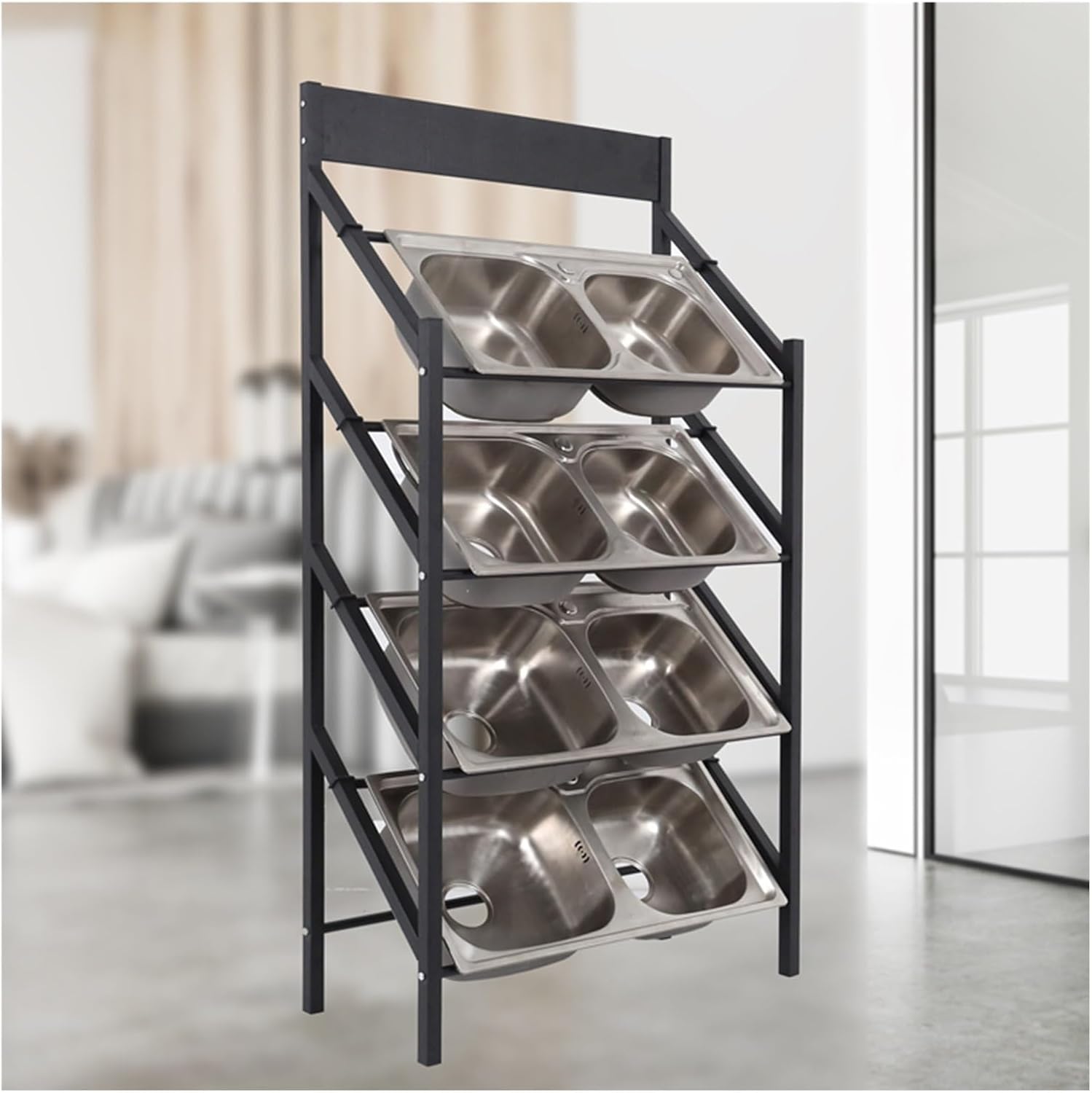 Commercial Kitchen Sink Sample Rack Floor Standing, Metal Adjustable Dish Tub/Wash Basin Organizer Shelf Multi-Layer, Exhibition Halls Store Double(W/Wheels L 35 7/16)