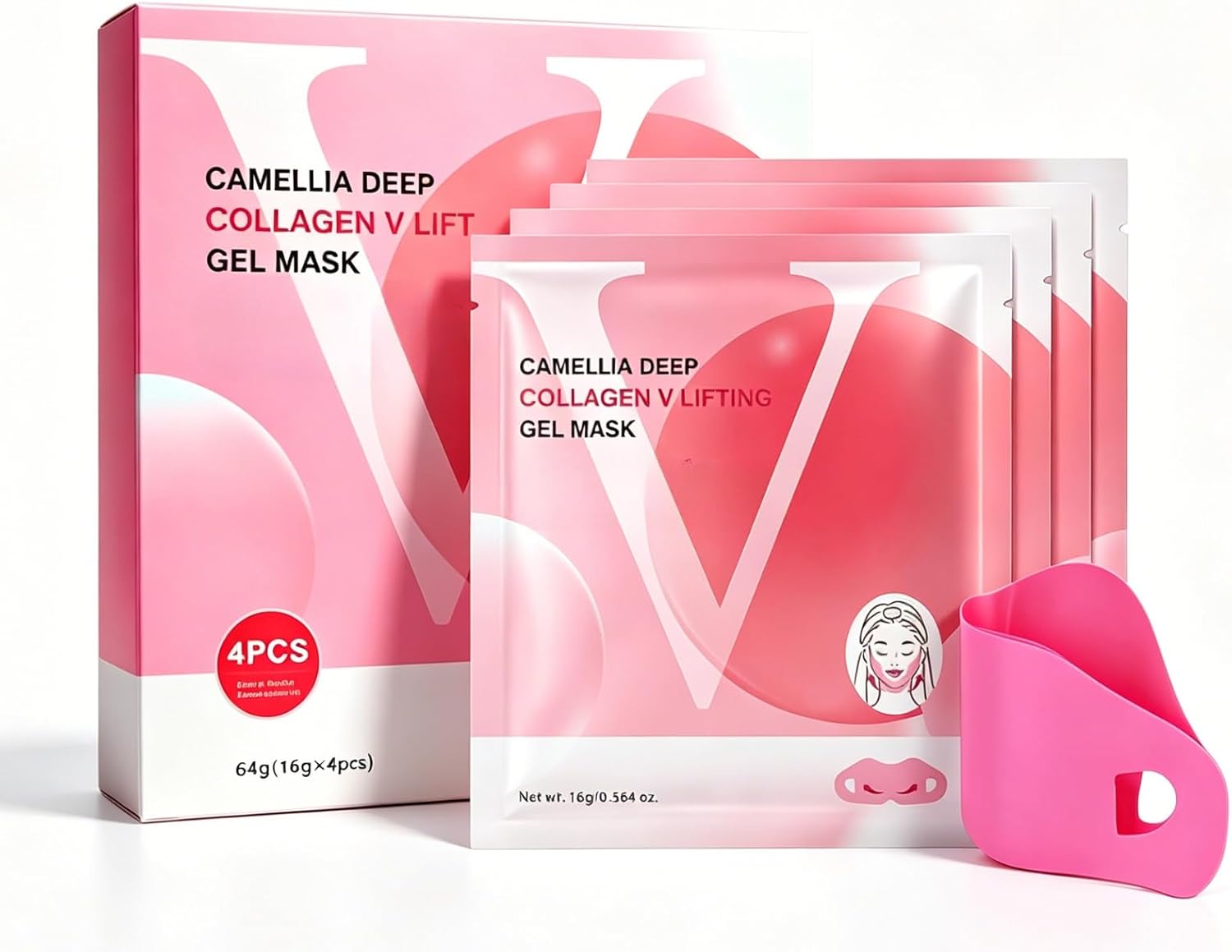 Camellia Deep Collagen V Lifting Gel Mask 4ea | Double Chin Lifting Mask for Jawline Contouring, Cooling Collagen Face Mask V-Line for Women & Men, Firming Sagging Skin, Korean Skincare