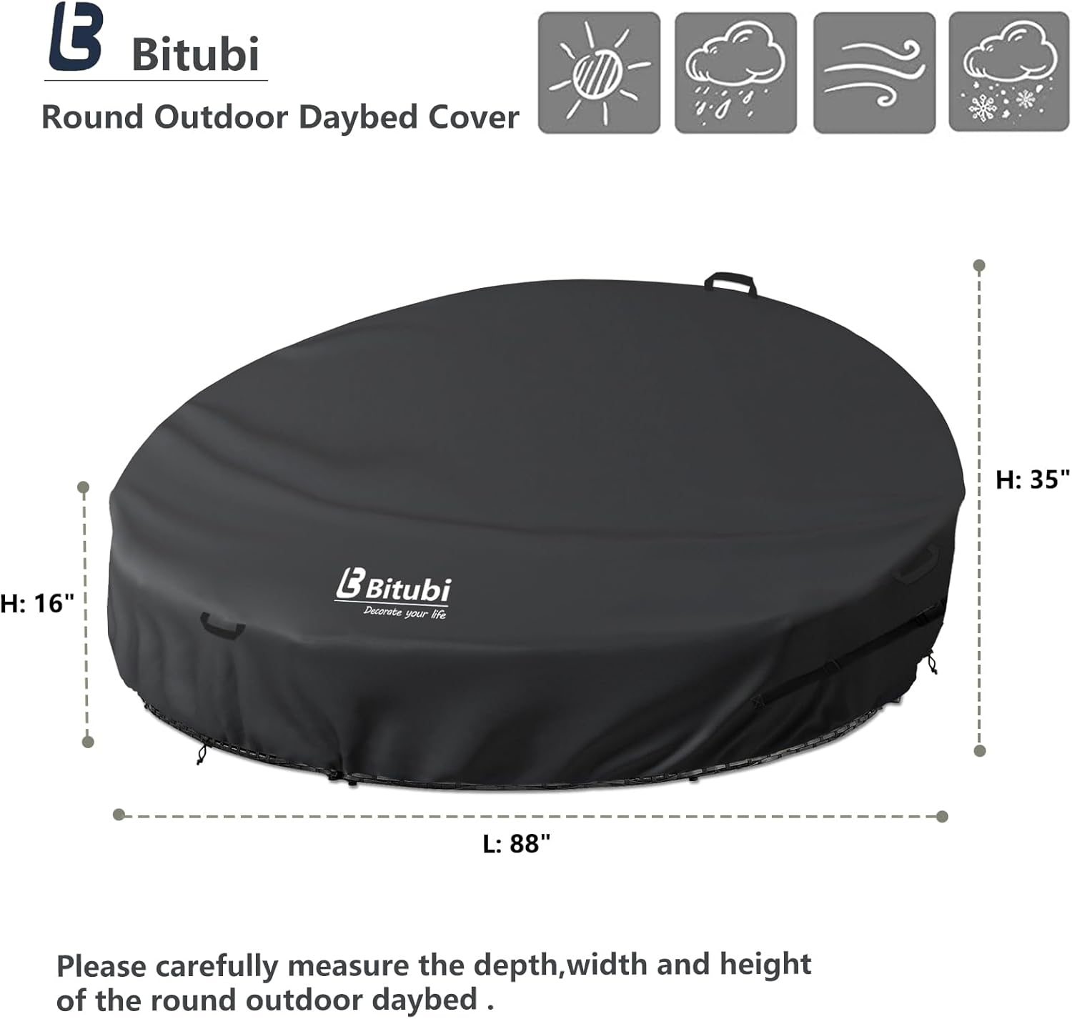 Bitubi 88 Inch Heavy Duty Waterproof Outdoor Daybed Cover - 600D Tough Canvas Anti-UV Patio Canopy Daybed Sofa Cover 88" Dia x 35"/16" H, Black